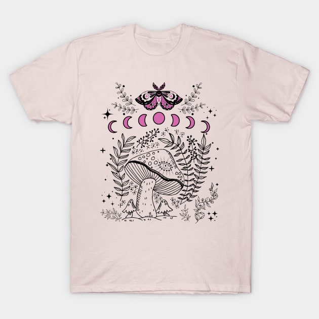 Cottagecore Mushroom Dark Academia Moon Phases T-Shirt by Hypnotic Highs